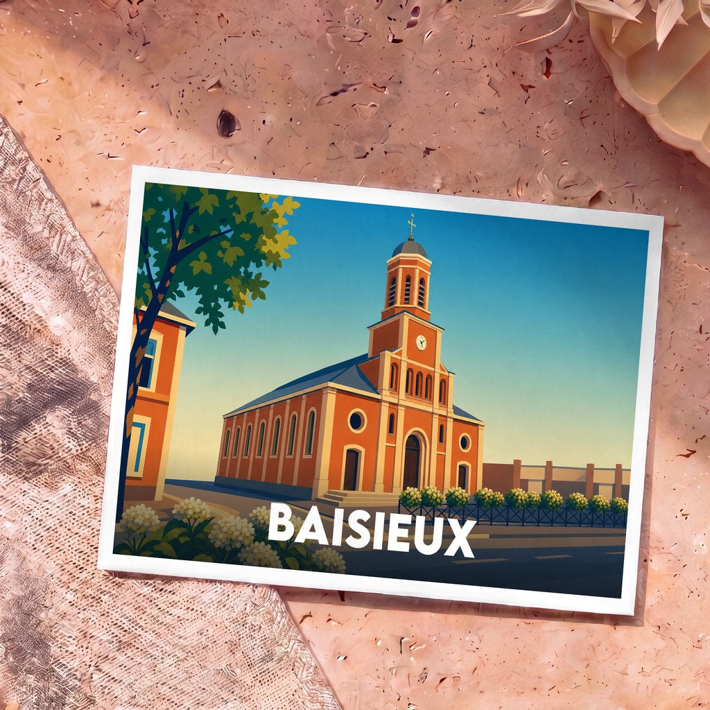 Carte postale souvenir de la ville de Baisieux avec une illustration stylisée de son église.