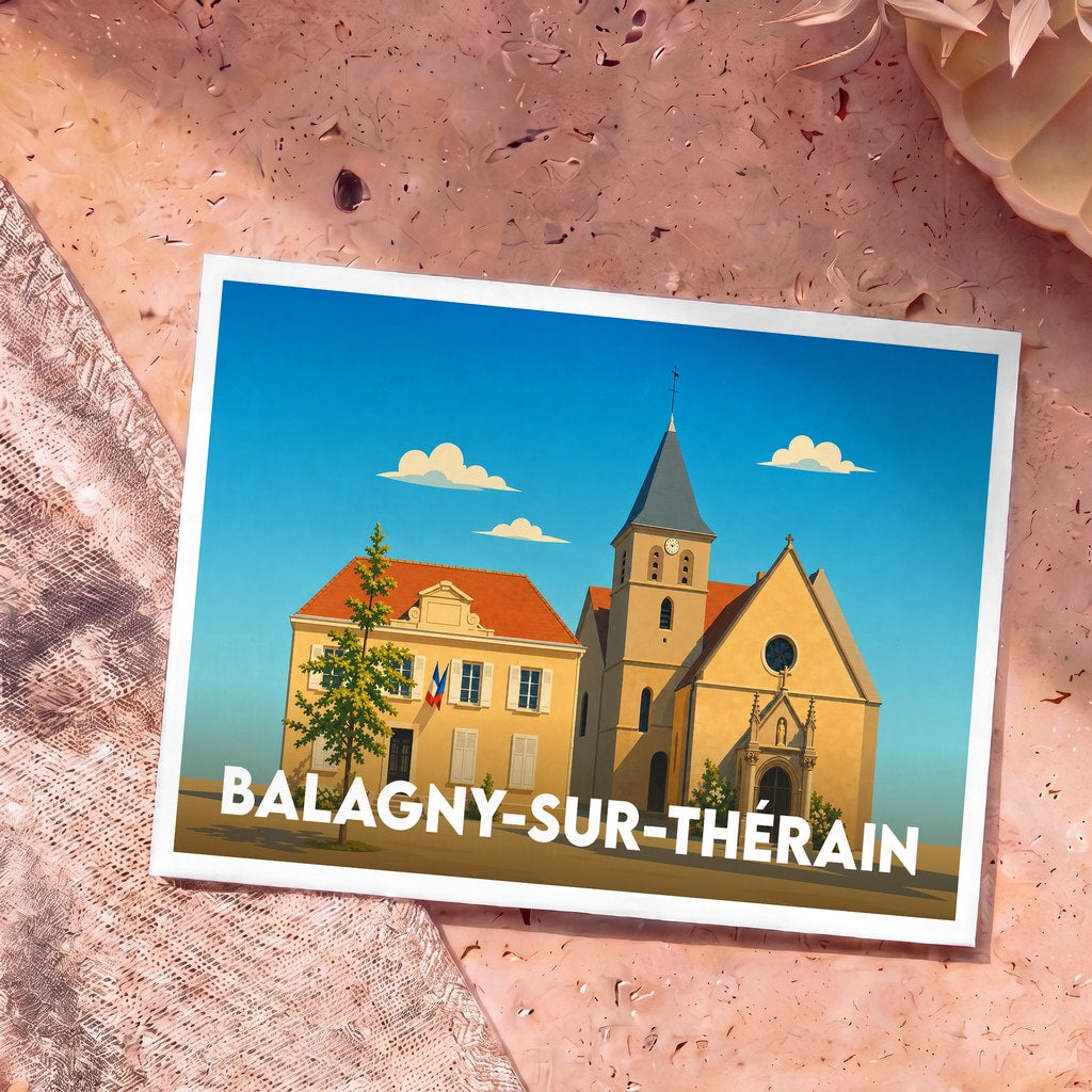 Carte postale souvenir de la ville de Balagny-sur-Thérain avec une illustration stylisée de son église et de sa mairie.