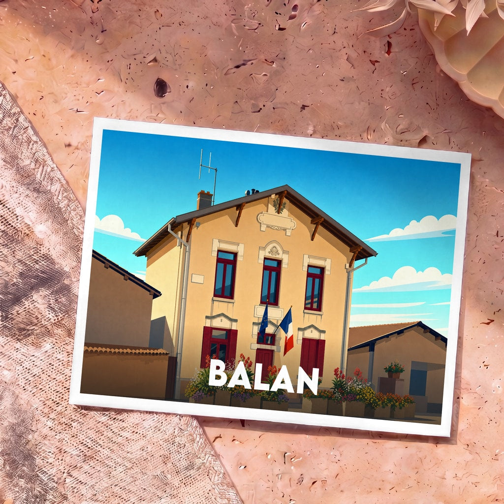 Carte postale souvenir de la ville de Balan illustrant sa mairie dans un style graphique épuré.