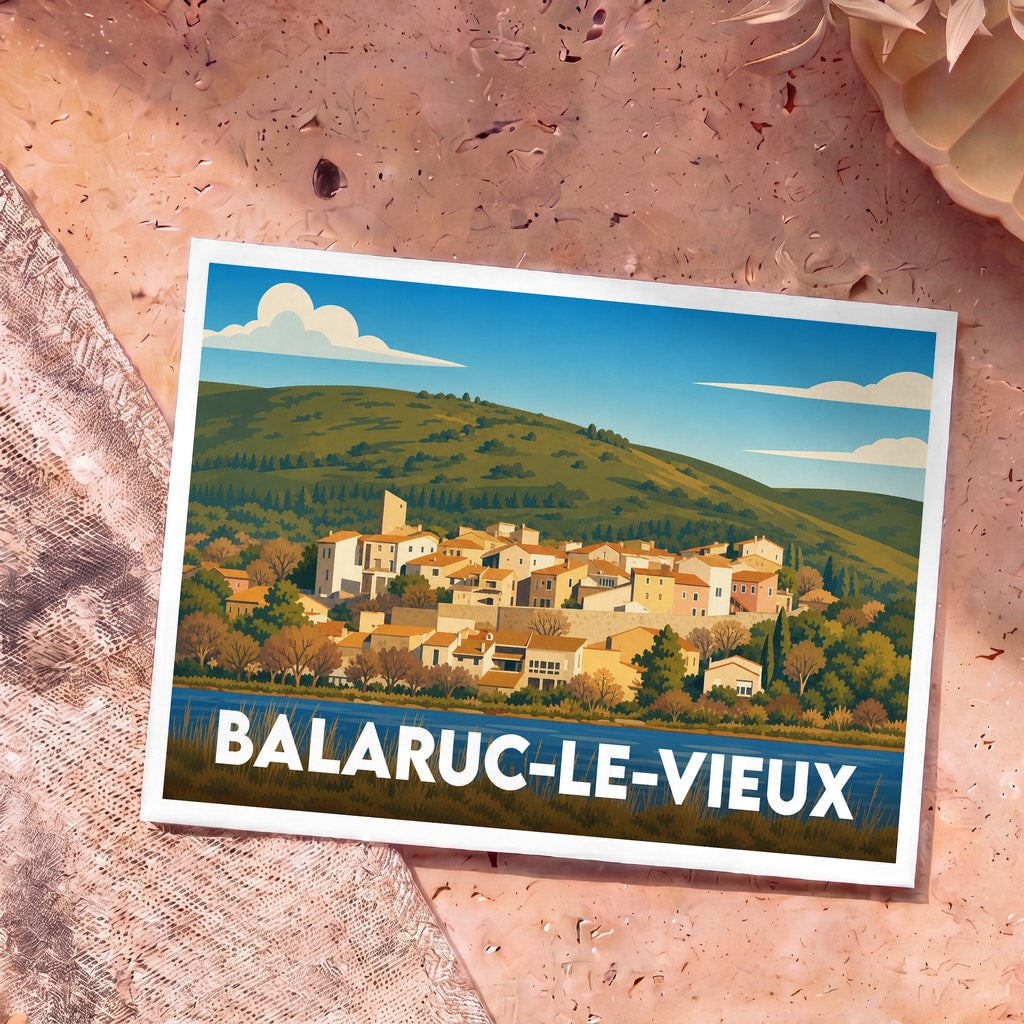 Carte postale souvenir de la ville de Balaruc-le-Vieux illustrant le village en bord d'eau avec un style rétro.