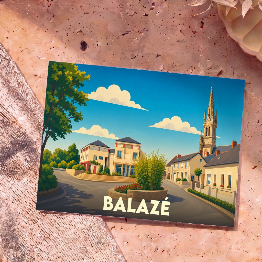 Carte postale souvenir de la ville de Balazé avec une illustration stylisée et colorée du centre-bourg.
