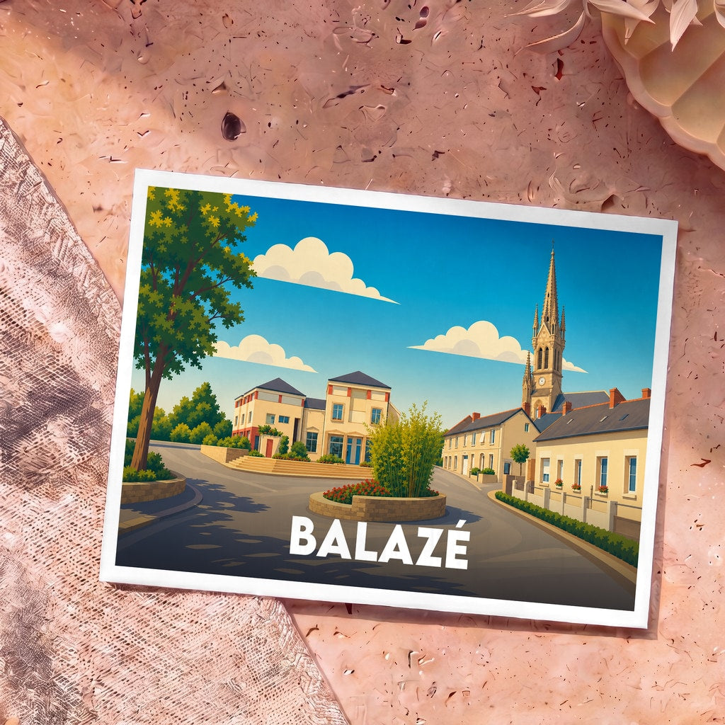 Carte postale souvenir de la ville de Balazé avec une illustration stylisée et colorée du centre-bourg.