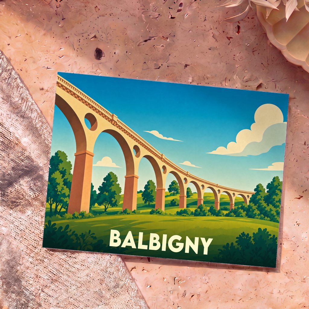 Carte postale souvenir de la ville de Balbigny avec une illustration stylisée de son viaduc.
