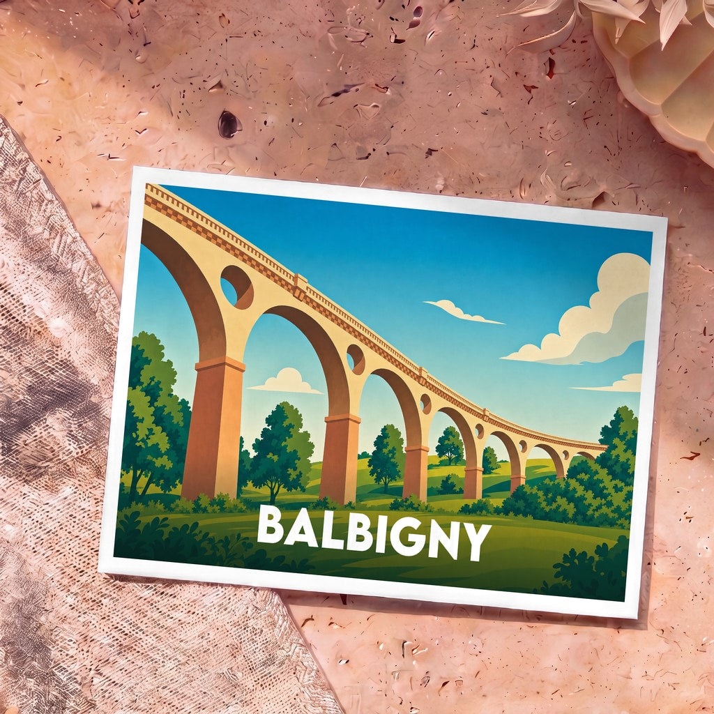 Carte postale souvenir de la ville de Balbigny avec une illustration stylisée de son viaduc.