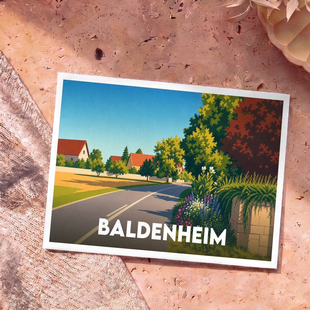 Carte postale souvenir de la ville de Baldenheim illustrée d'un paysage de village paisible et ensoleillé.