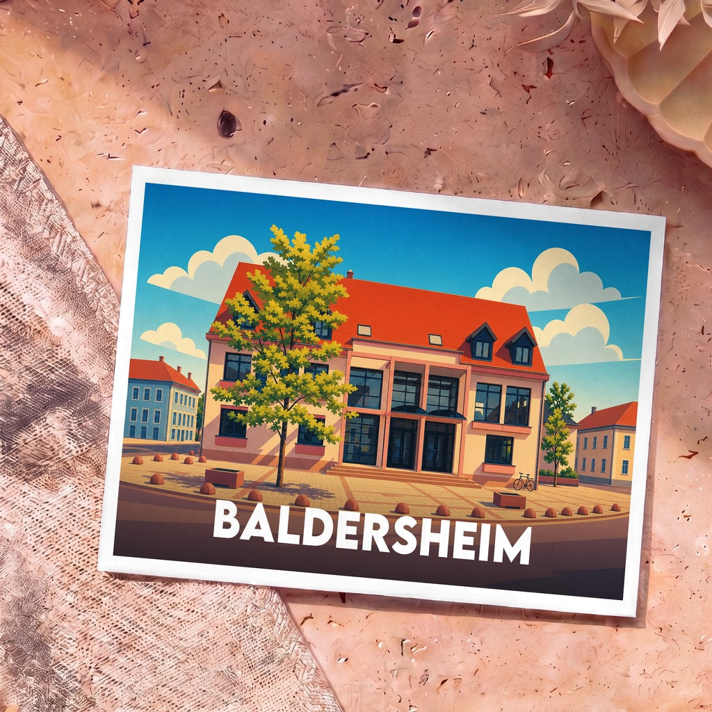 Carte postale souvenir de la ville de Baldersheim avec une illustration stylisée de son architecture.