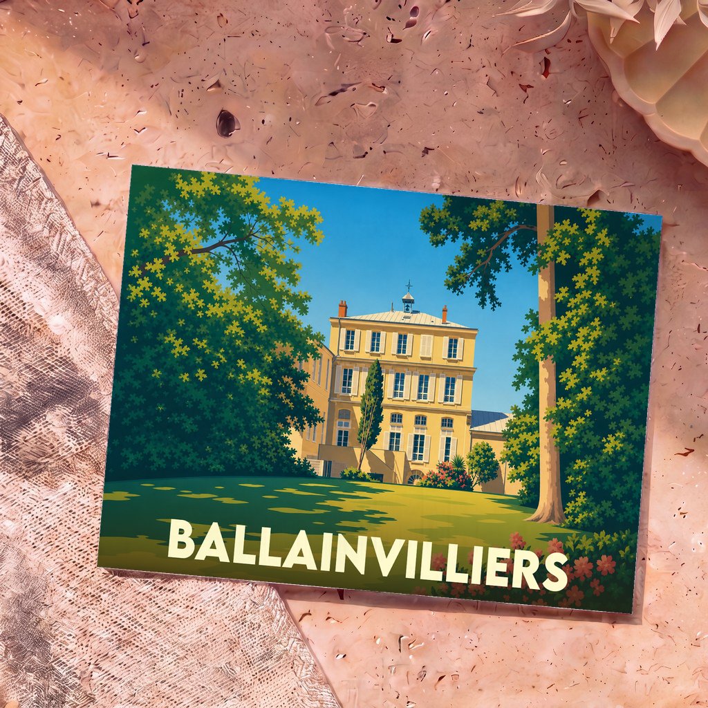 Carte postale souvenir de la ville de Ballainvilliers représentant son château dans un style graphique épuré.