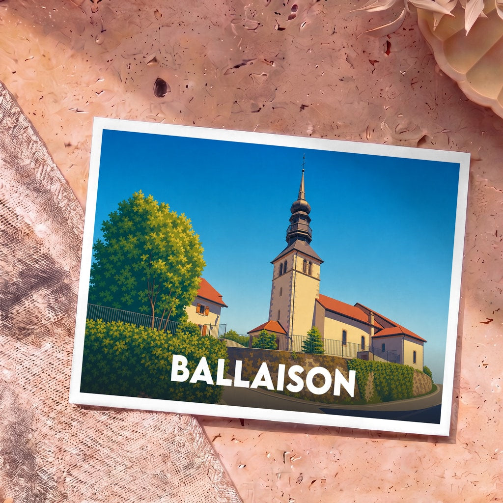 Carte postale souvenir de la ville de Ballaison avec une illustration stylisée de son église et de ses paysages.