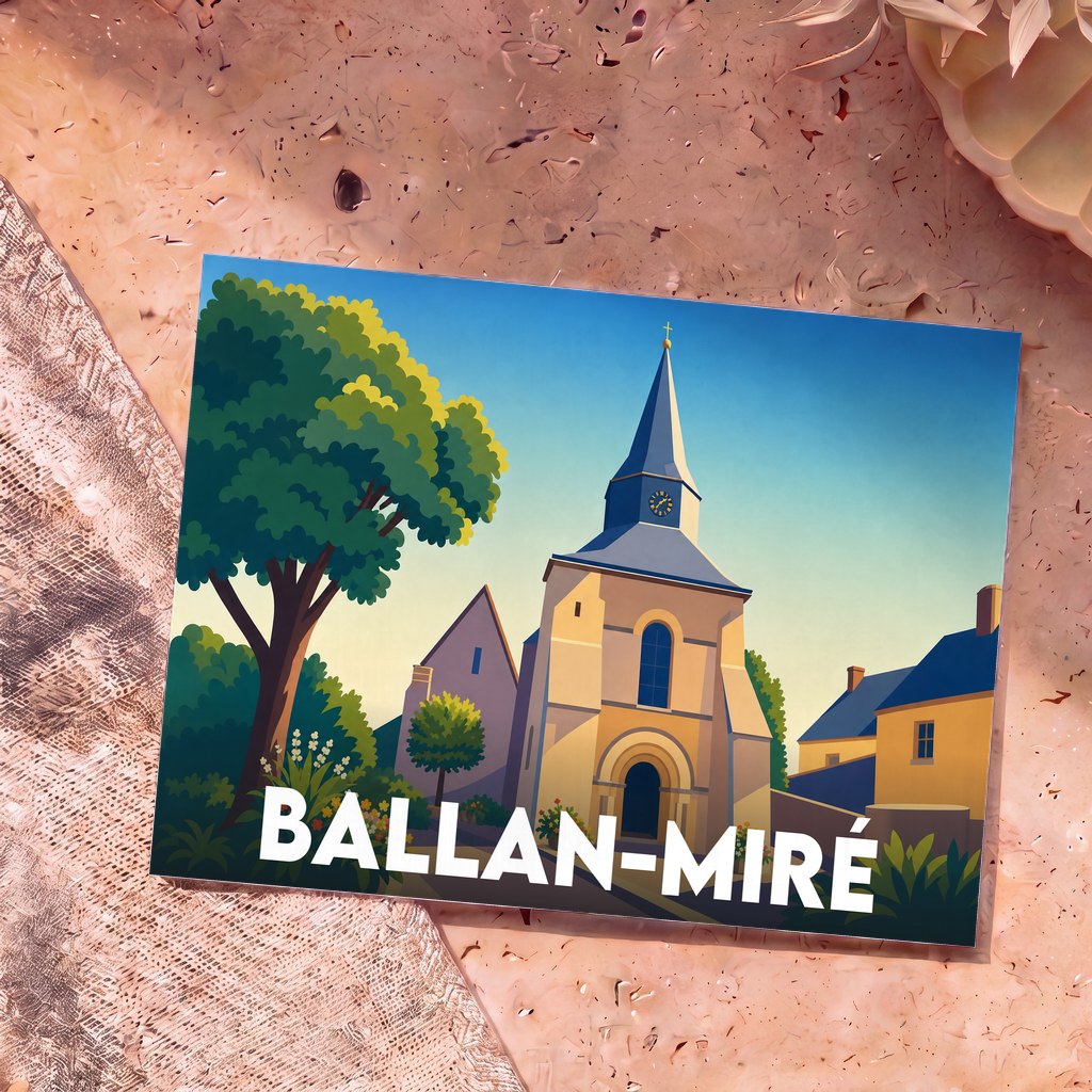 Carte postale souvenir de la ville de Ballan-Miré avec une illustration stylisée de son église et de ses environs.