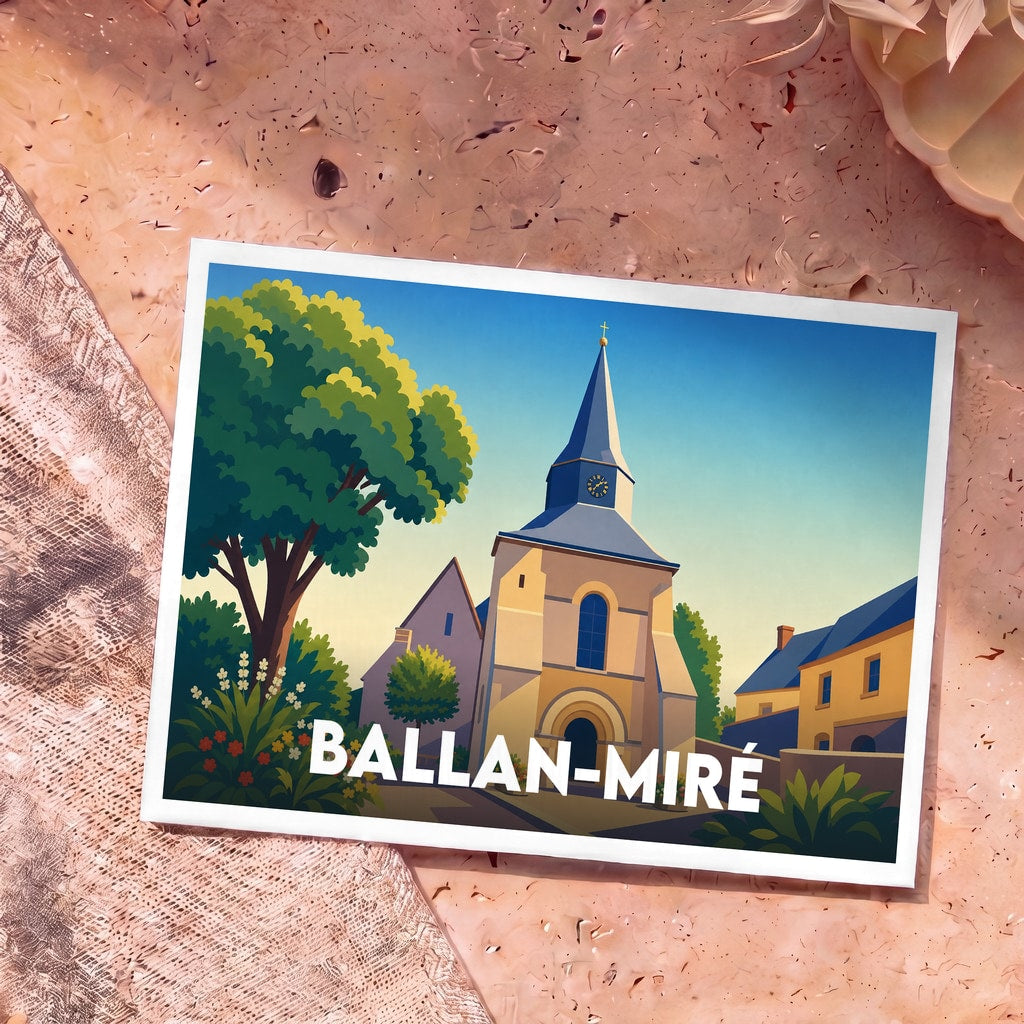 Carte postale souvenir de la ville de Ballan-Miré avec une illustration stylisée de son église et de ses environs.