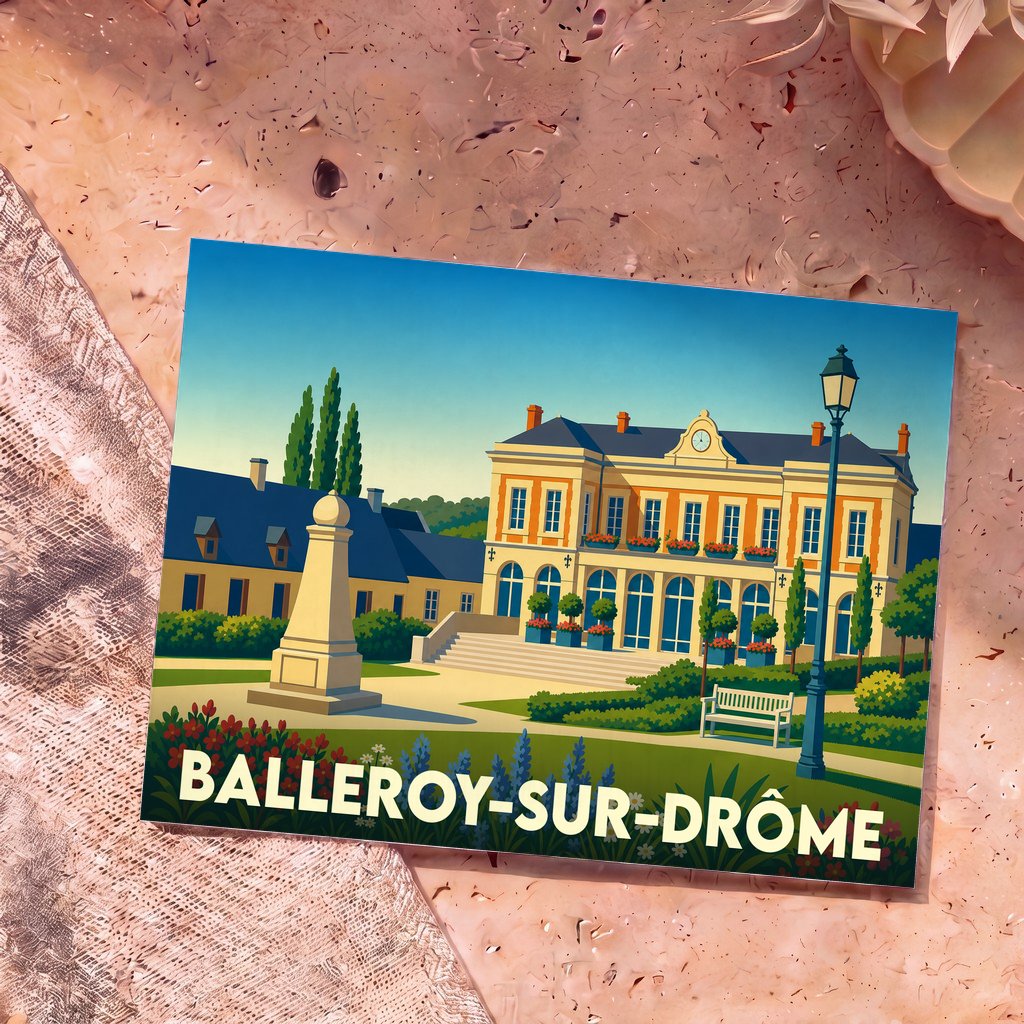 Carte postale souvenir de la ville de Balleroy-sur-Drôme avec une illustration stylisée de son patrimoine.