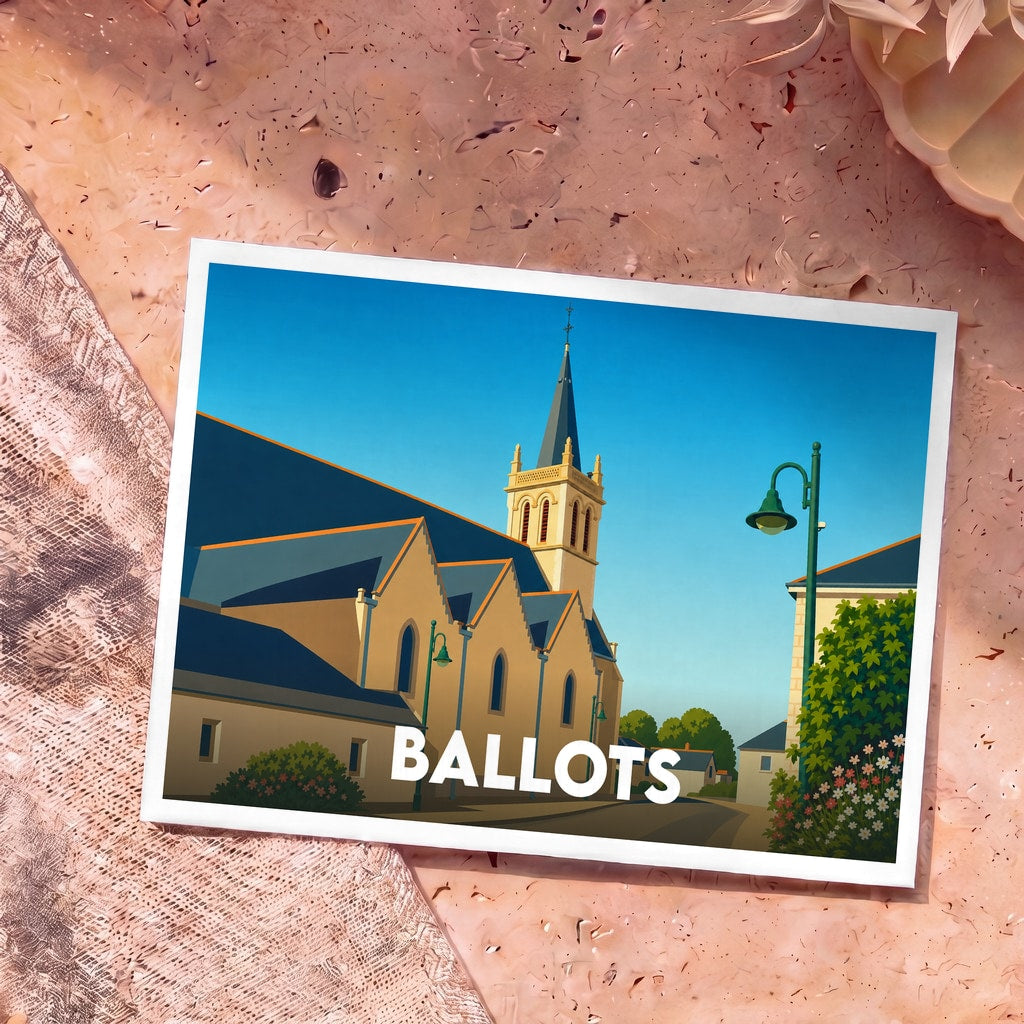 Carte postale souvenir de la ville de Ballots avec une illustration stylisée de son église sous un ciel bleu.