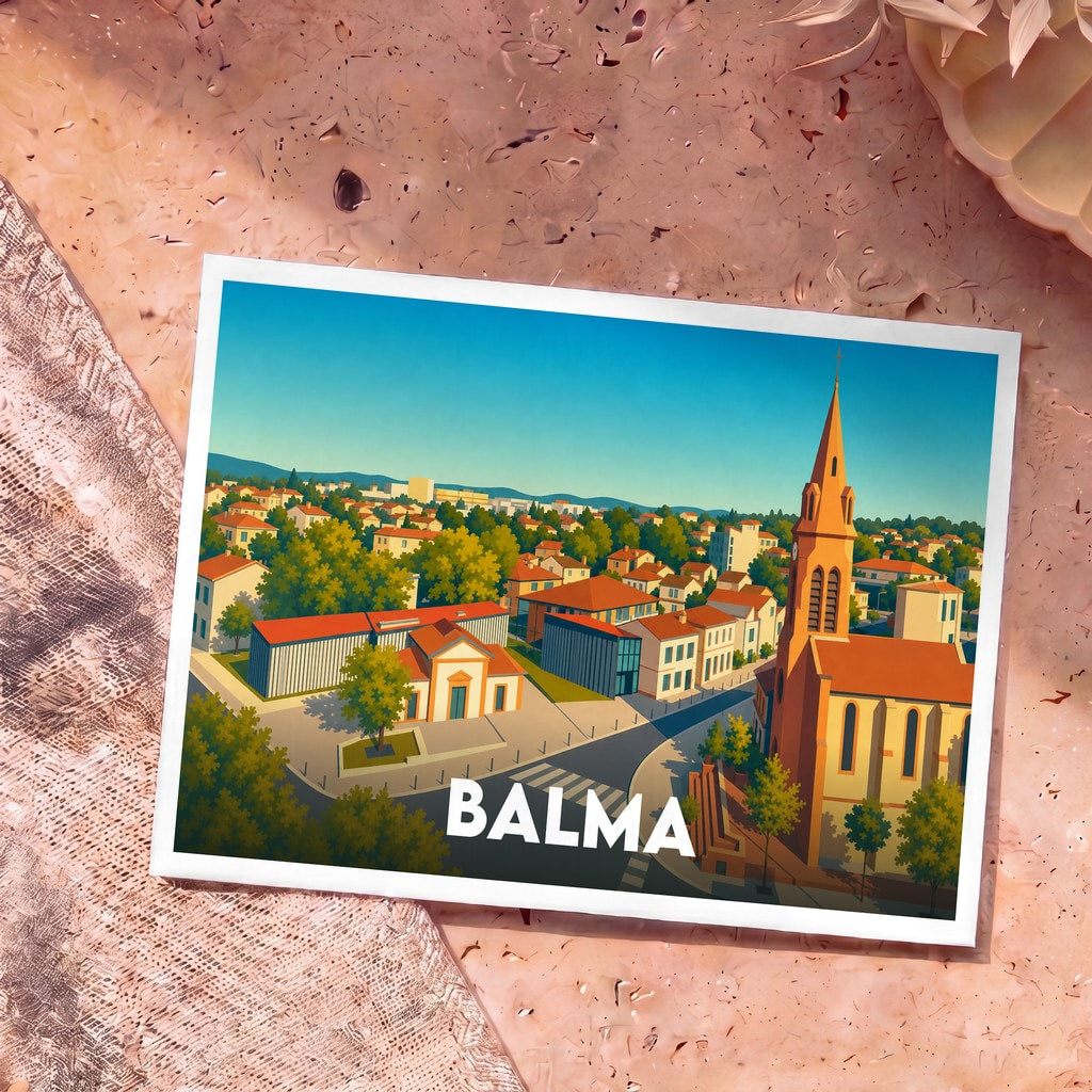 Carte postale souvenir de la ville de Balma avec une illustration colorée et stylisée de son centre-ville.
