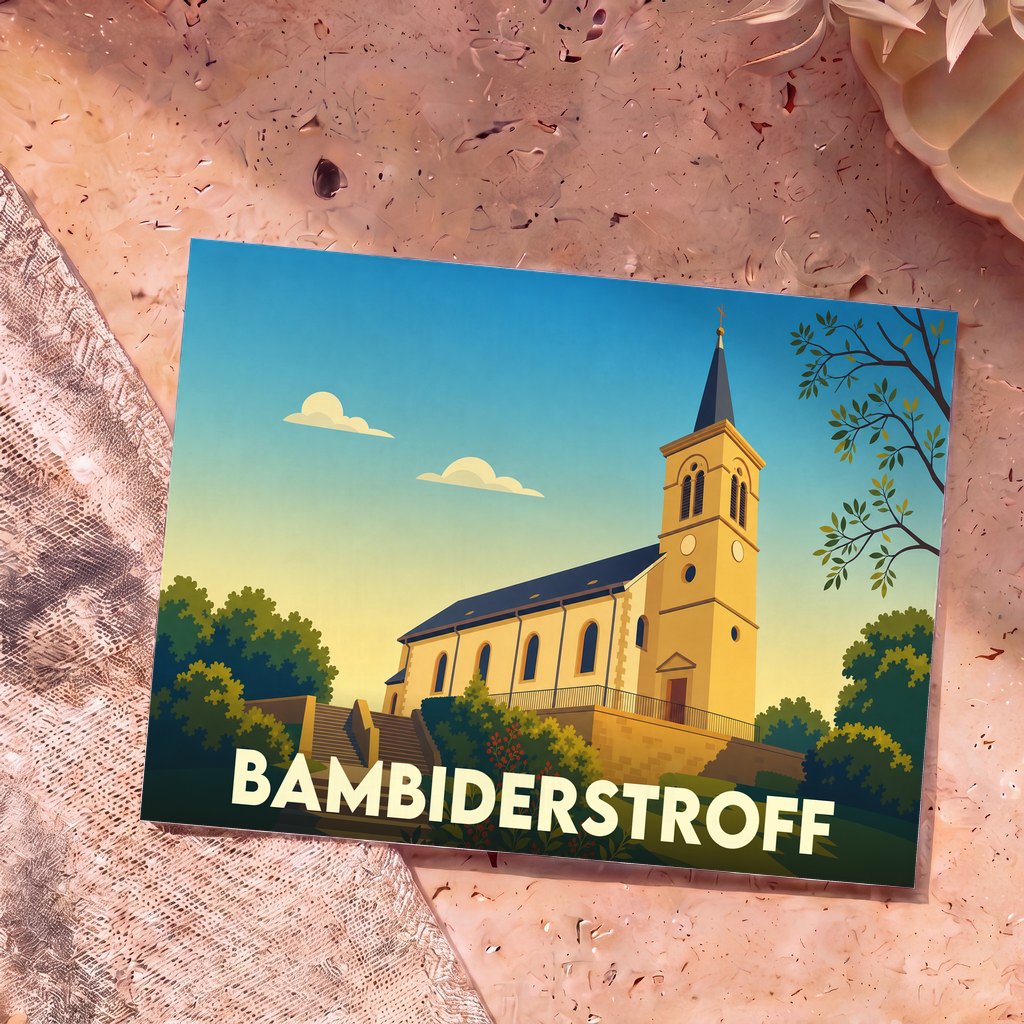 Carte postale souvenir de la ville de Bambiderstroff illustrant son église dans un style graphique épuré.