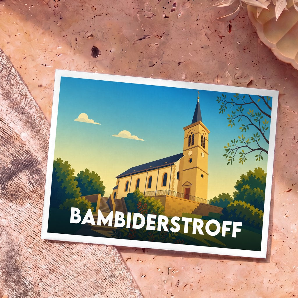 Carte postale souvenir de la ville de Bambiderstroff illustrant son église dans un style graphique épuré.