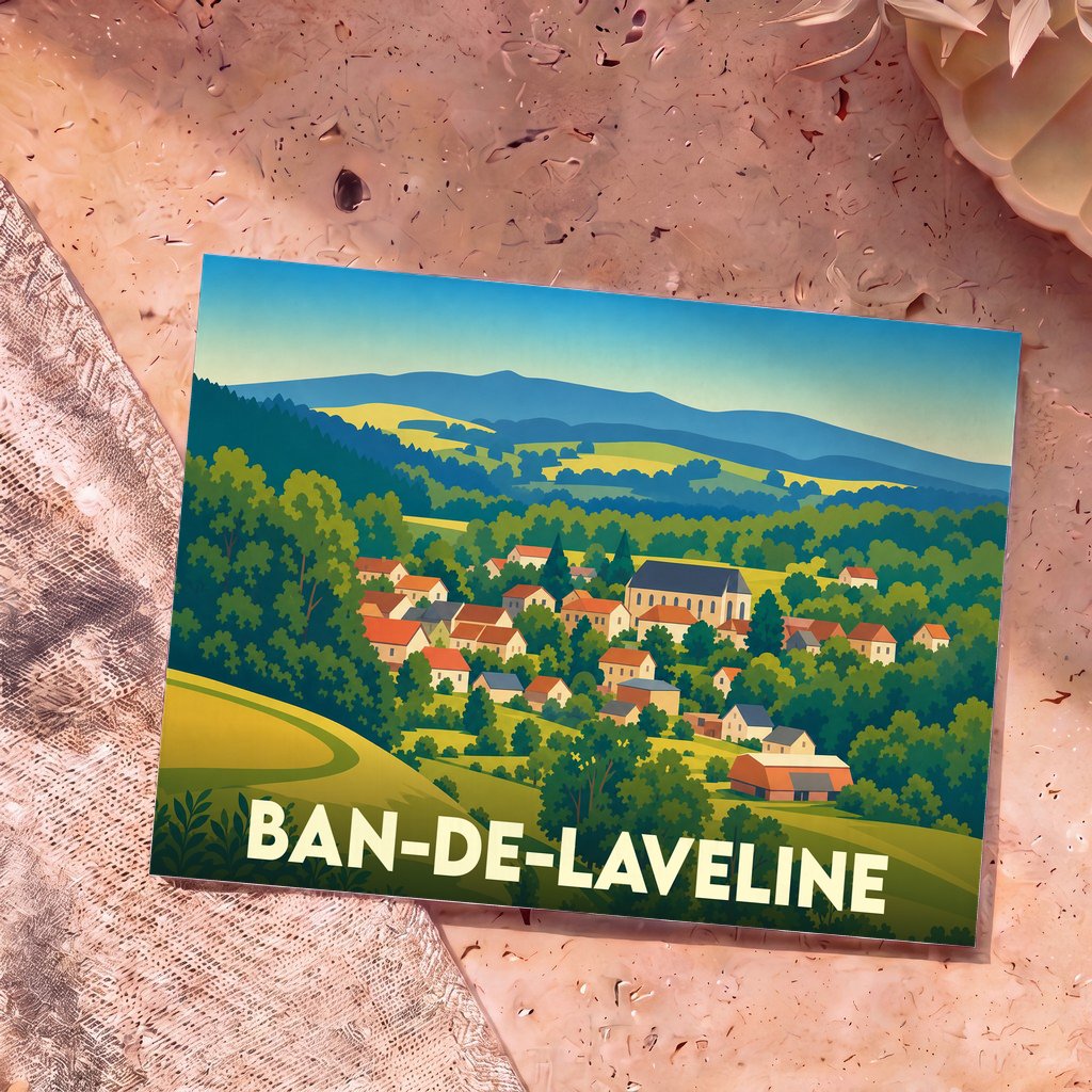 Carte postale souvenir de la ville de Ban-de-Laveline avec une illustration paysagère stylisée.