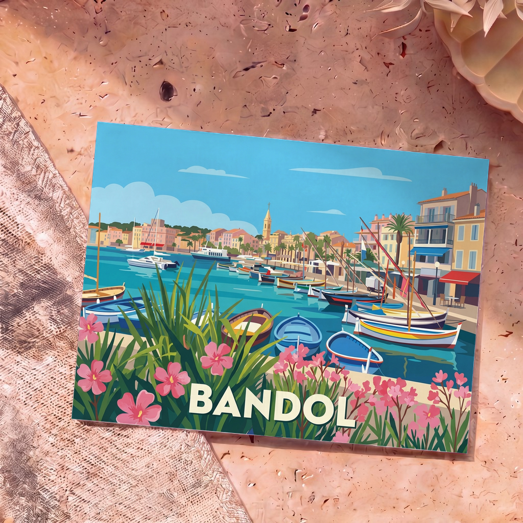 Carte postale souvenir de la ville de Bandol avec une illustration stylisée de son port ensoleillé.