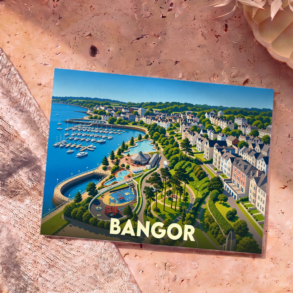 Carte postale souvenir de la ville de Bangor illustrée par un paysage côtier coloré et stylisé.