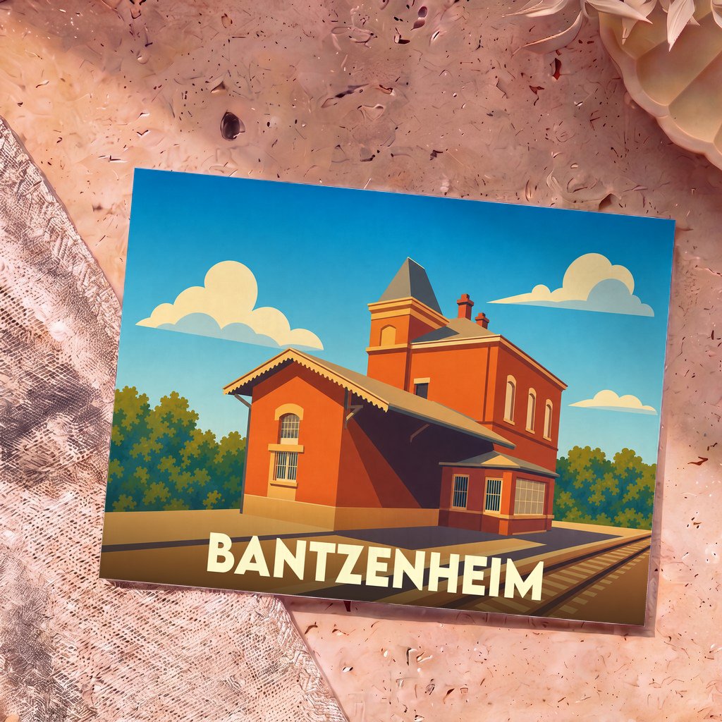 Carte postale souvenir de la ville de Bantzenheim avec une illustration stylisée de son ancienne gare.