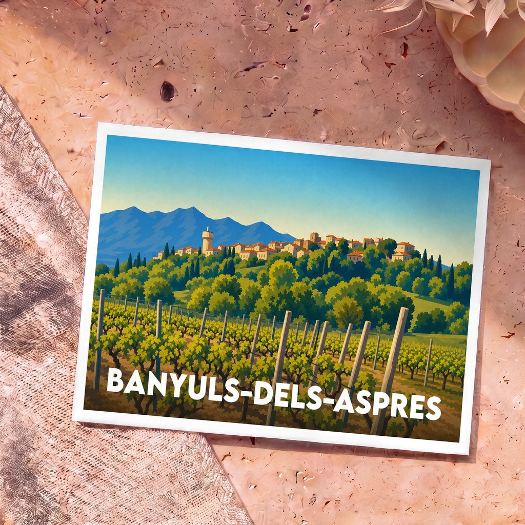 Carte postale souvenir de la ville de Banyuls-dels-Aspres illustrant ses vignobles et son village sur fond de montagnes.