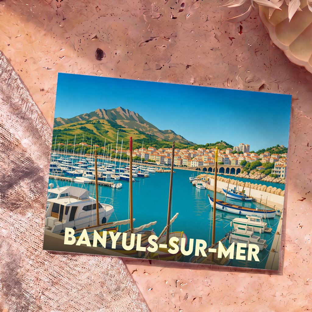 Carte postale souvenir de la ville de Banyuls-sur-Mer avec une illustration stylisée de son port de plaisance.