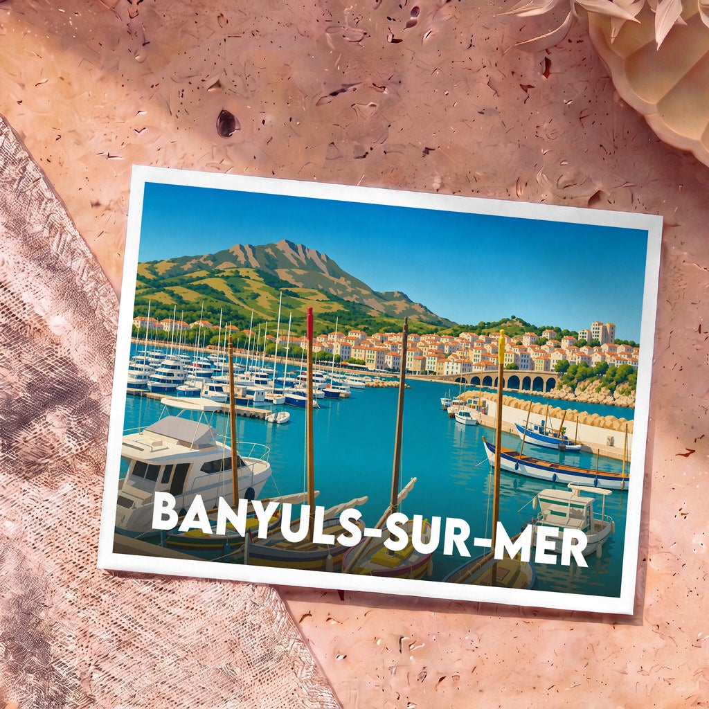 Carte postale souvenir de la ville de Banyuls-sur-Mer avec une illustration stylisée de son port de plaisance.