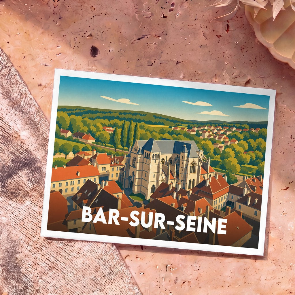 Carte postale souvenir de la ville de Bar-sur-Seine avec une illustration stylisée de son église et de ses toits.