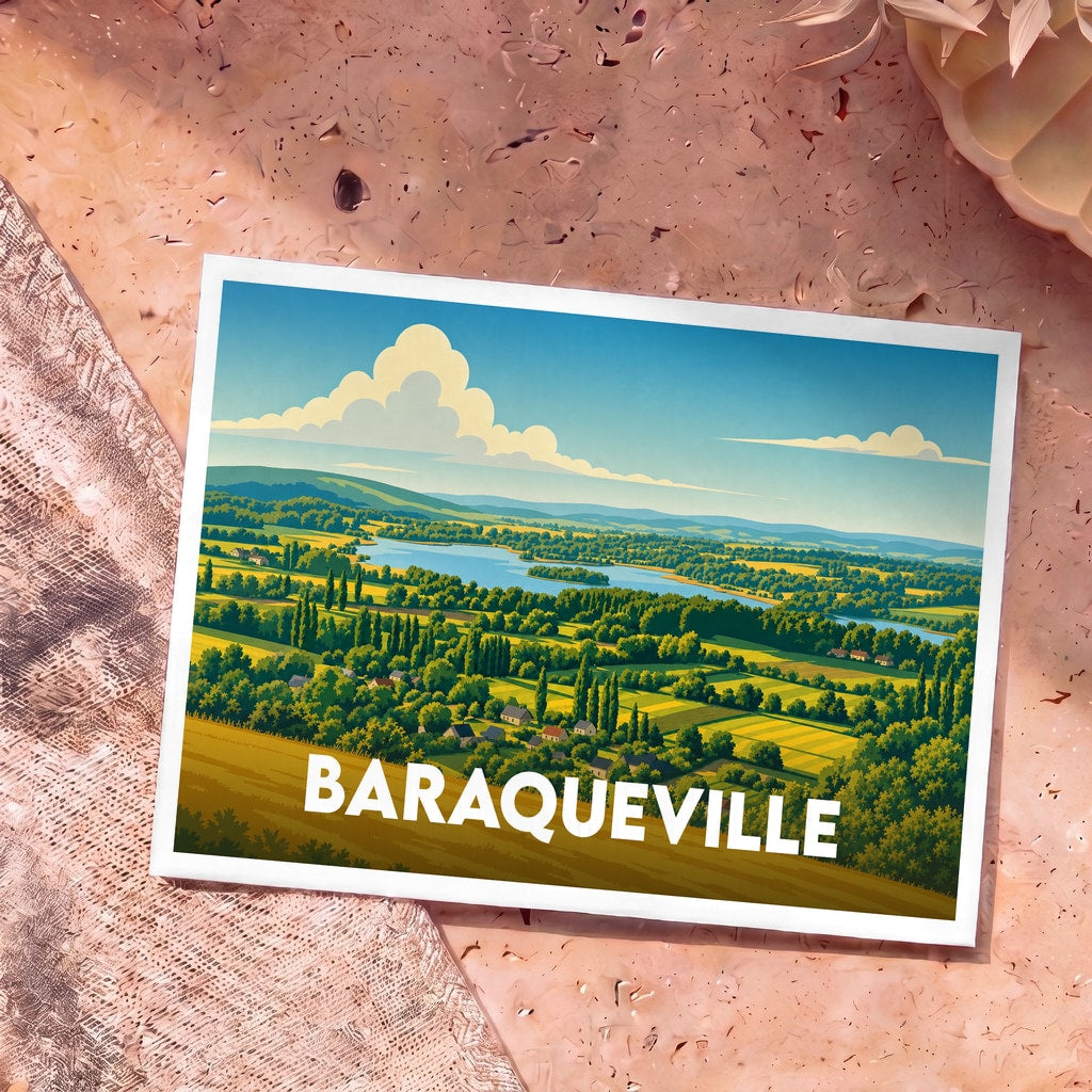 Carte postale souvenir de la ville de Baraqueville illustrée par un paysage champêtre stylisé.