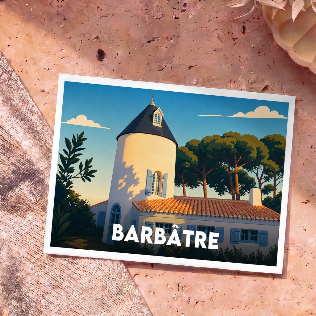 Carte postale souvenir de la ville de Barbâtre avec une illustration stylisée d'une maison à tour sous un ciel d'été.