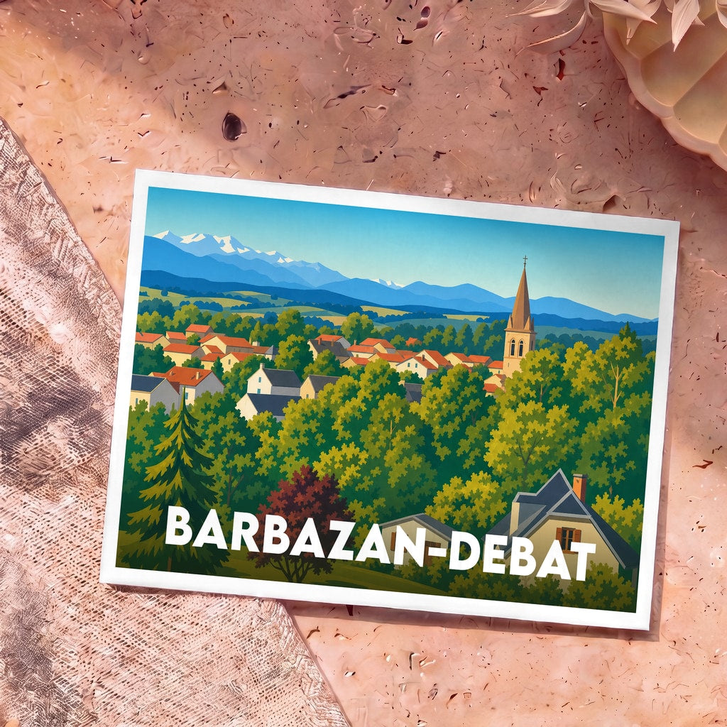 Carte postale souvenir de la ville de Barbazan-Debat avec une illustration stylisée d'un village verdoyant au pied des montagnes.