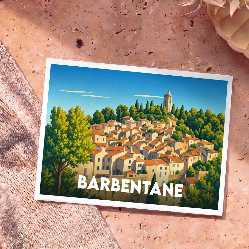 Carte postale souvenir de la ville de Barbentane avec une illustration stylisée de ses maisons provençales.