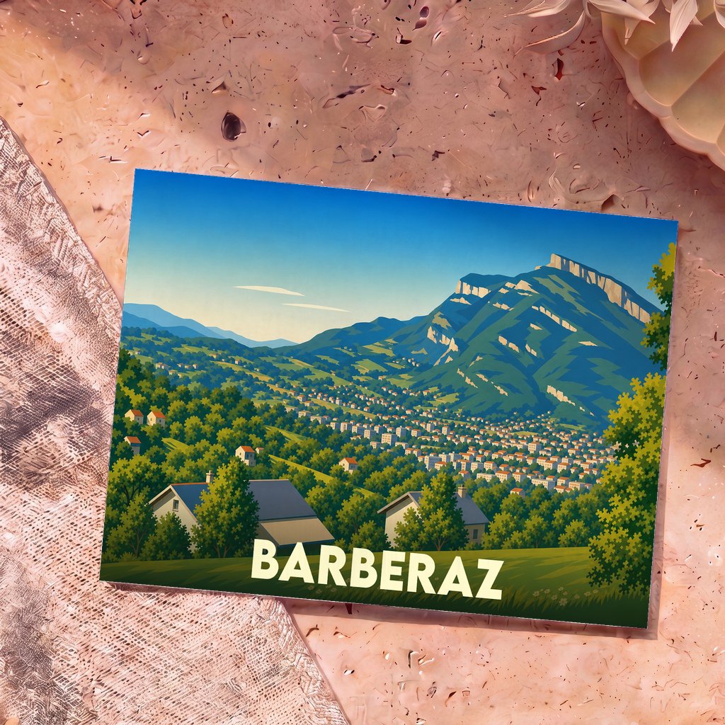Carte postale souvenir de la ville de Barberaz illustrant un paysage de montagne stylisé surplombant la commune.