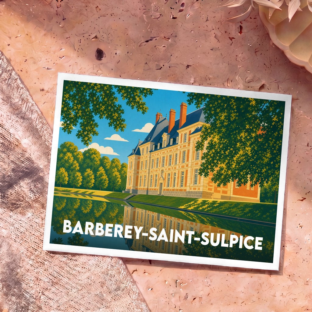 Carte postale souvenir de la ville de Barberey-Saint-Sulpice avec une illustration stylisée de son château se reflétant dans l'eau.