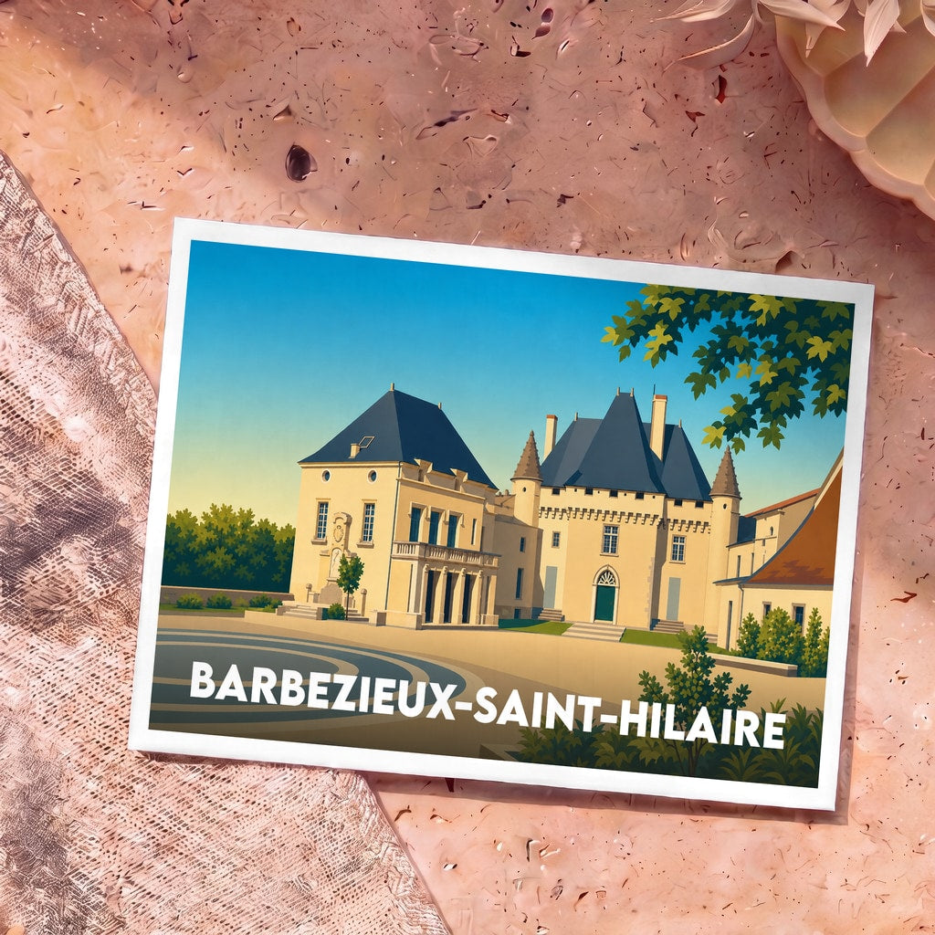 Carte postale souvenir de la ville de Barbezieux-Saint-Hilaire avec une illustration stylisée de son château.