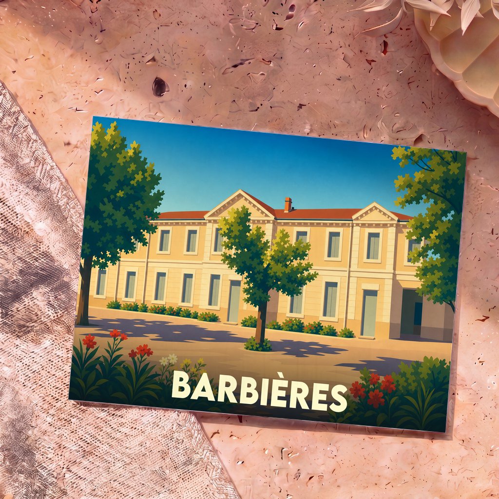 Carte postale souvenir de la ville de Barbières avec une illustration stylisée d'un bâtiment ensoleillé.