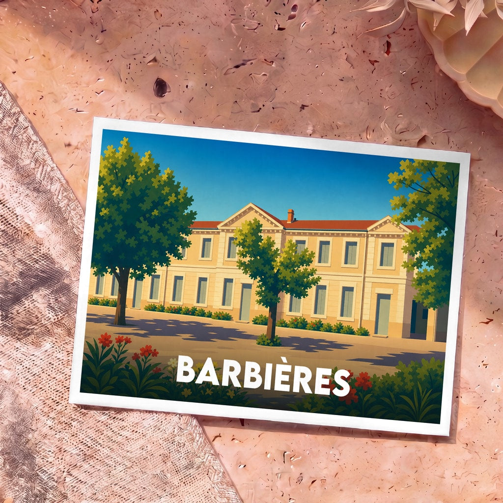 Carte postale souvenir de la ville de Barbières avec une illustration stylisée d'un bâtiment ensoleillé.