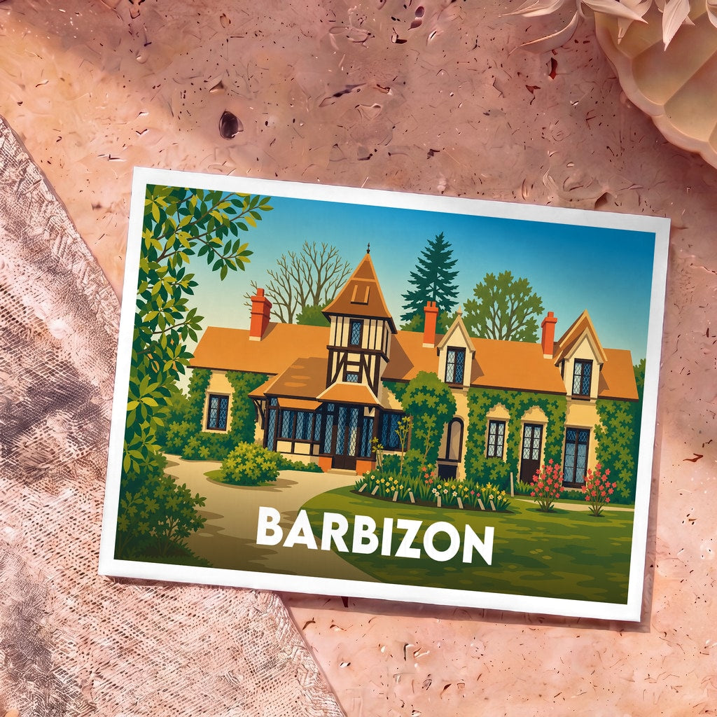 Carte postale souvenir de la ville de Barbizon présentant une illustration colorée d'une demeure traditionnelle avec jardin.