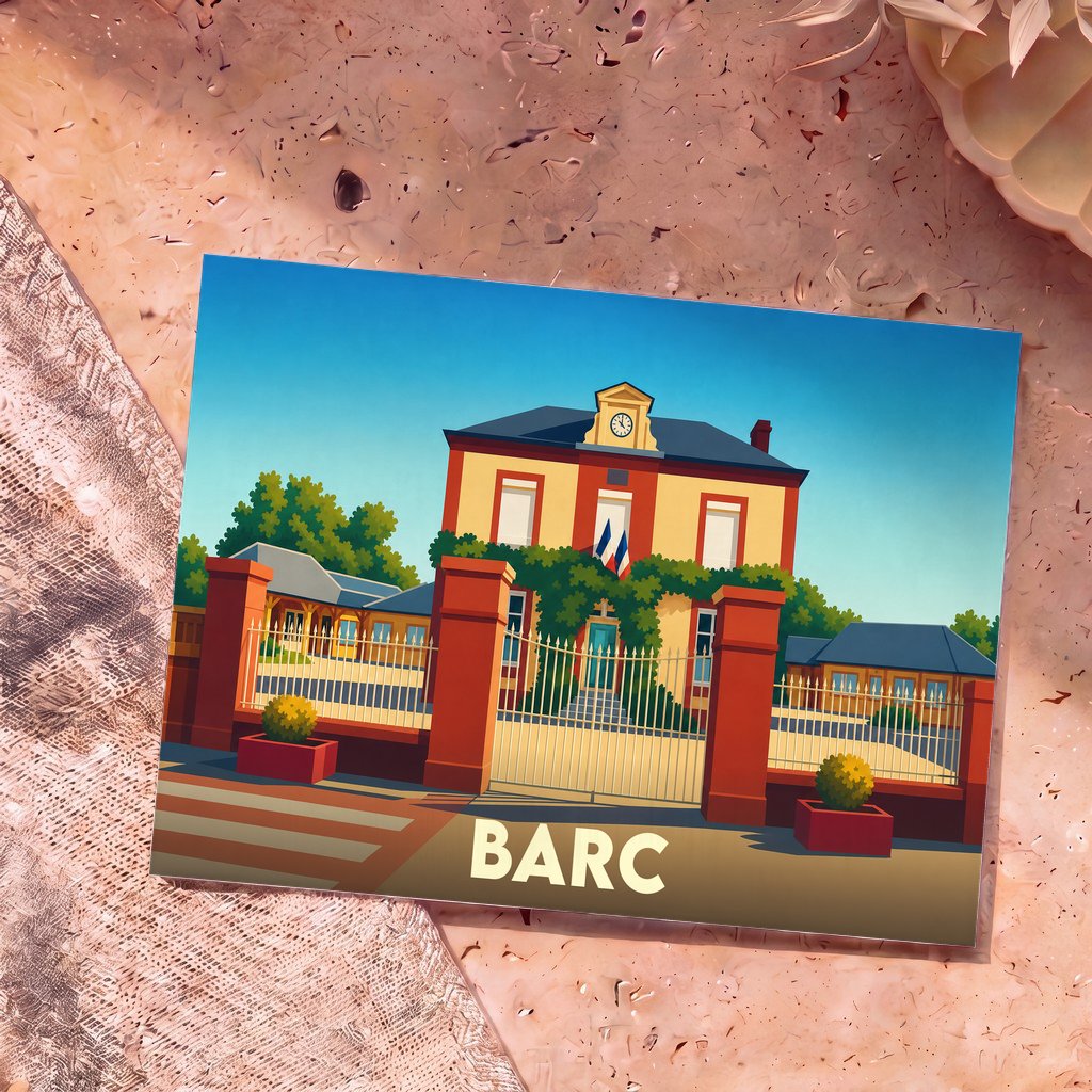 Carte postale souvenir de la ville de Barc avec une illustration stylisée de sa mairie.