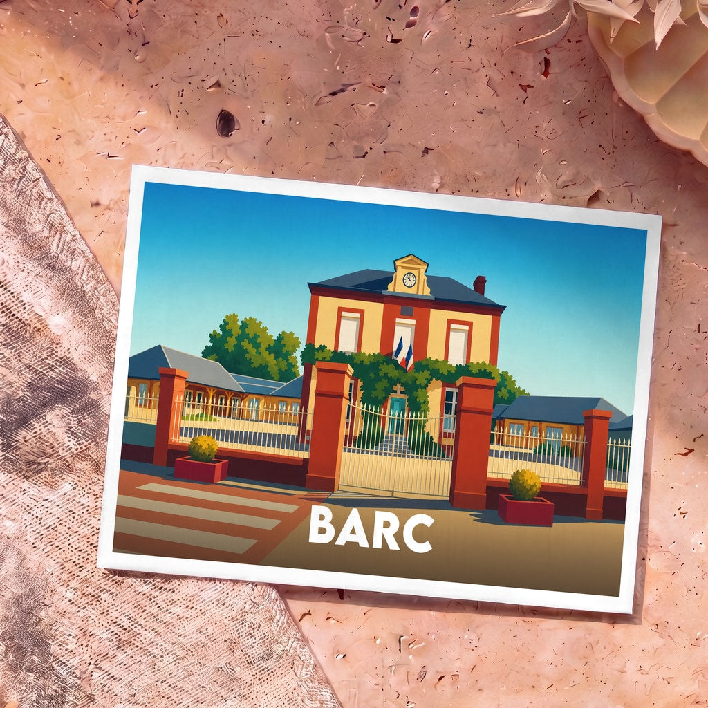 Carte postale souvenir de la ville de Barc avec une illustration stylisée de sa mairie.