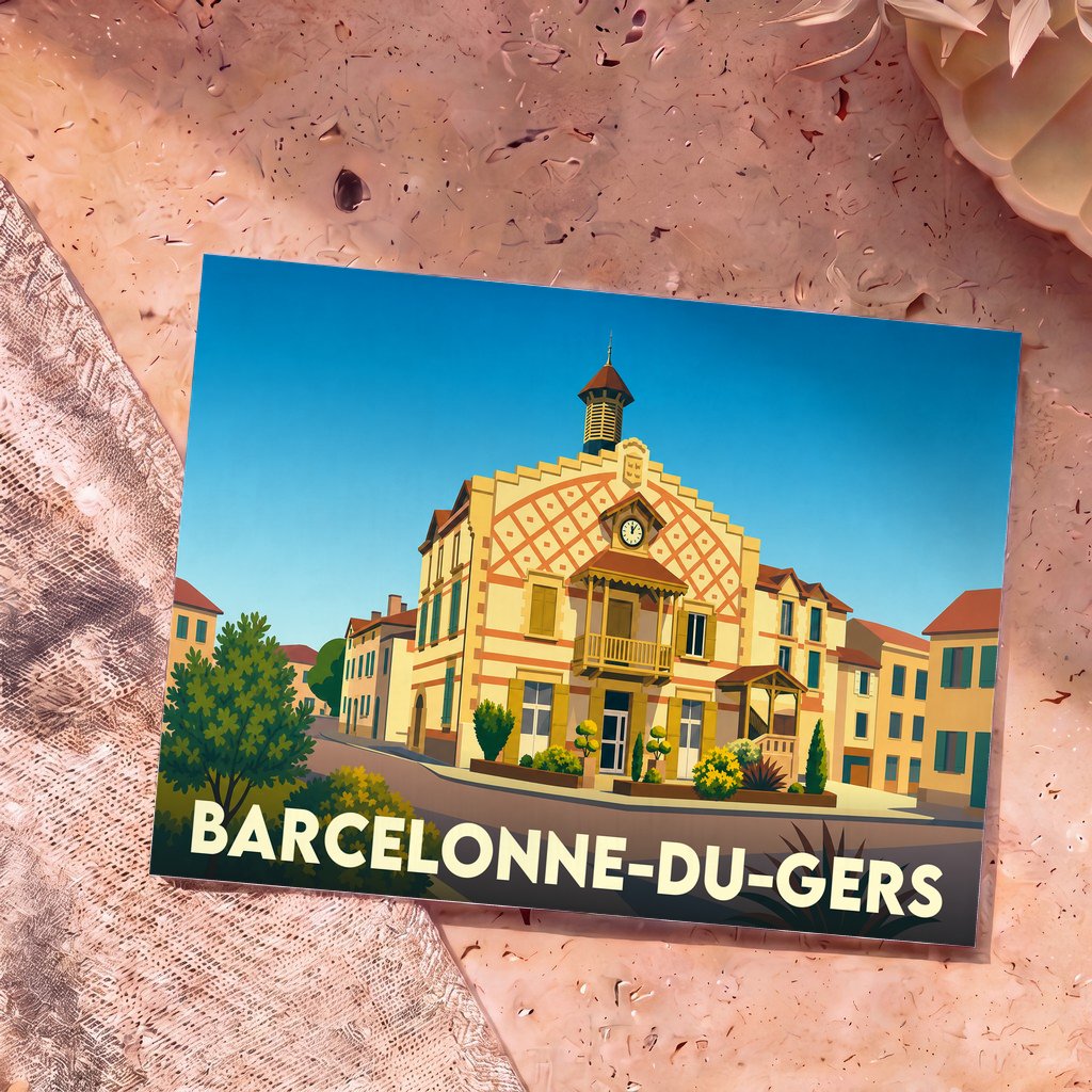 Carte postale souvenir de Barcelonne-du-Gers avec une illustration stylisée de sa mairie emblématique.