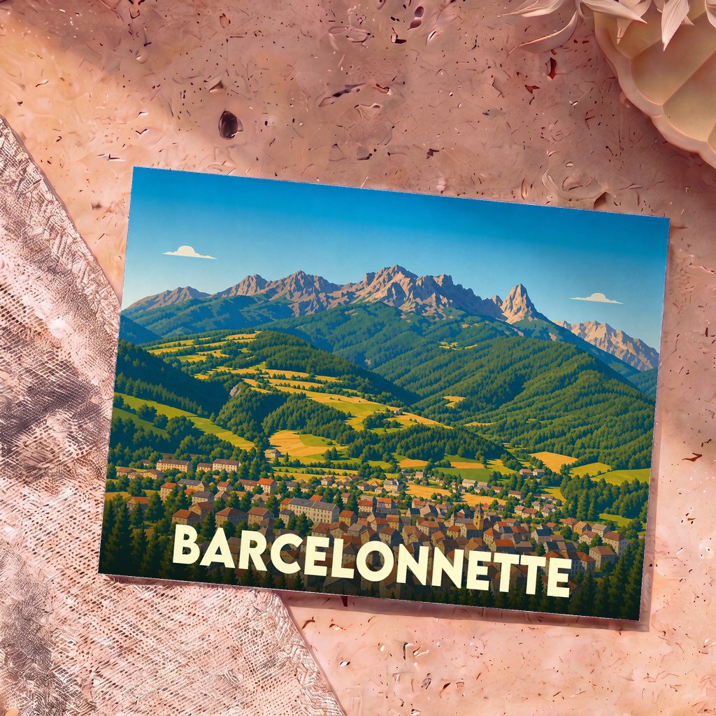 Carte postale souvenir de la ville de Barcelonnette avec une illustration stylisée de ses montagnes et de ses maisons.