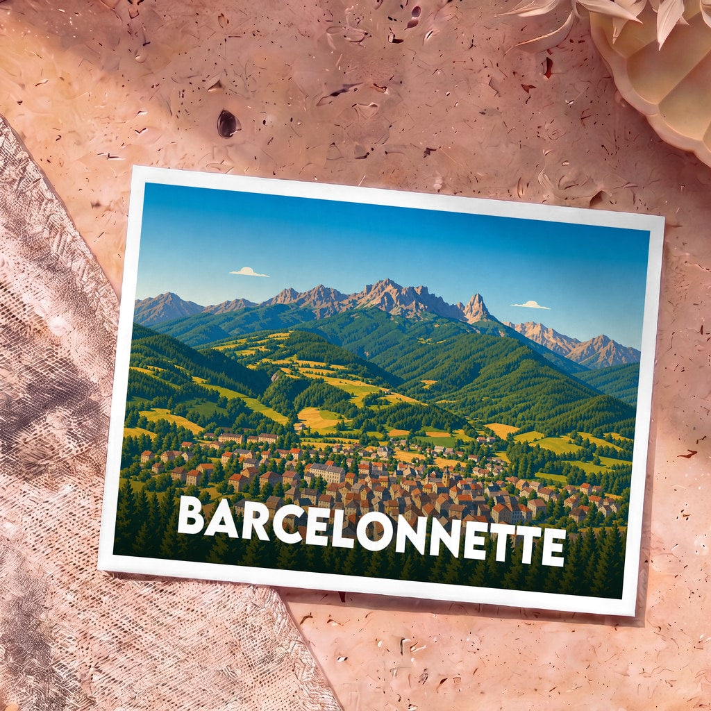 Carte postale souvenir de la ville de Barcelonnette avec une illustration stylisée de ses montagnes et de ses maisons.