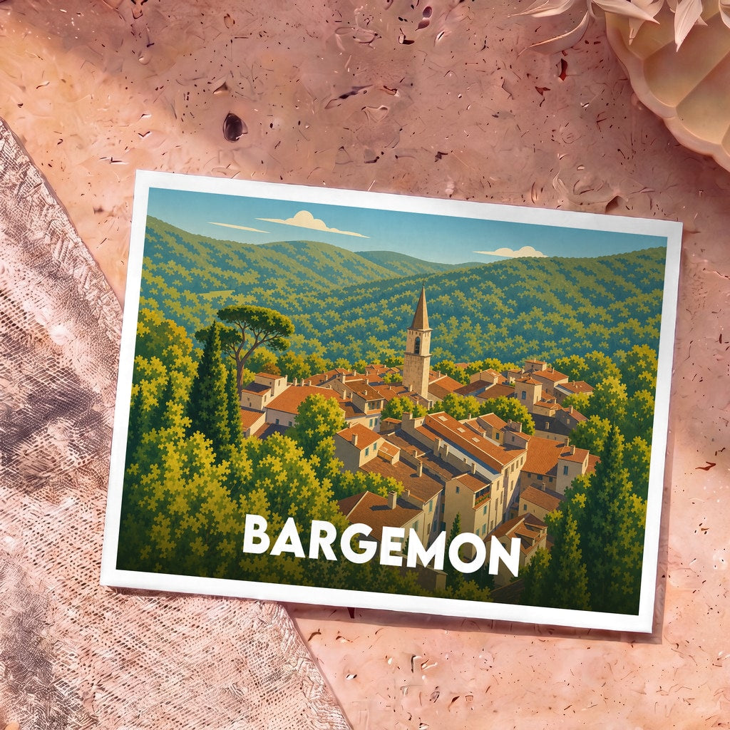 Carte postale souvenir de la ville de Bargemon illustrant un village perché au cœur de collines verdoyantes.