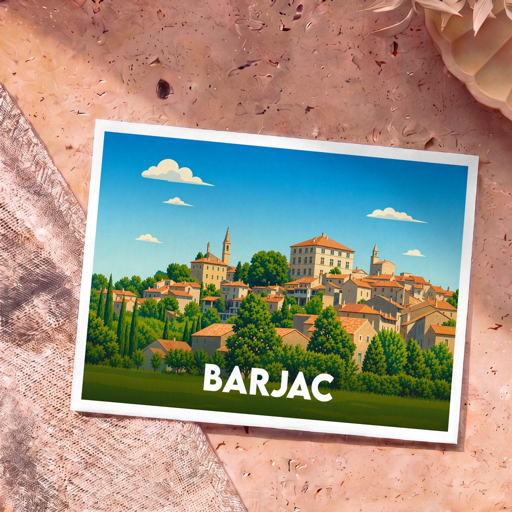 Carte postale souvenir de la ville de Barjac avec une illustration stylisée d'un village perché.