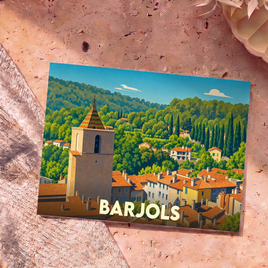 Carte postale souvenir de la ville de Barjols avec une illustration stylisée et colorée de son clocher et de ses toits provençaux.