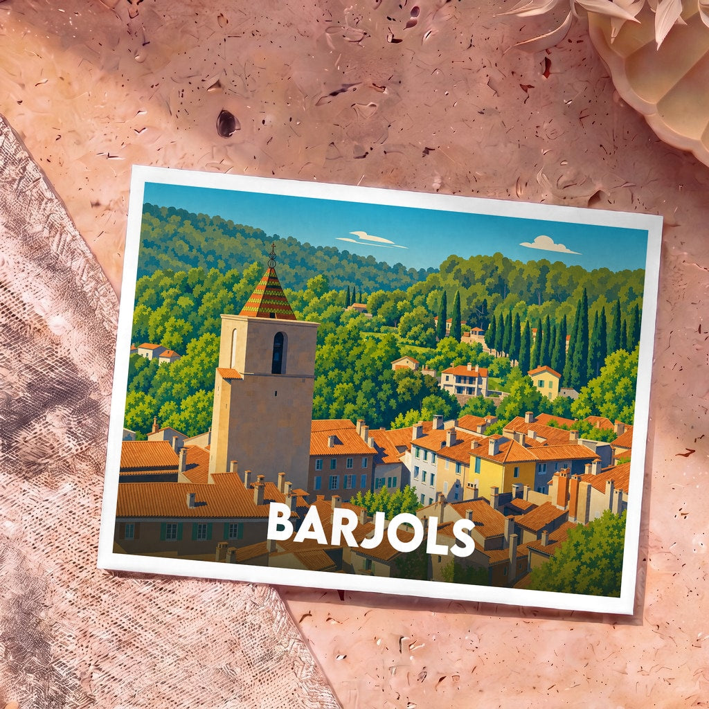 Carte postale souvenir de la ville de Barjols avec une illustration stylisée et colorée de son clocher et de ses toits provençaux.
