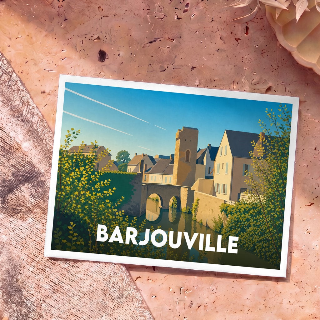 Carte postale souvenir de la ville de Barjouville avec une illustration stylisée d'un pont et de maisons anciennes au bord de l'eau.