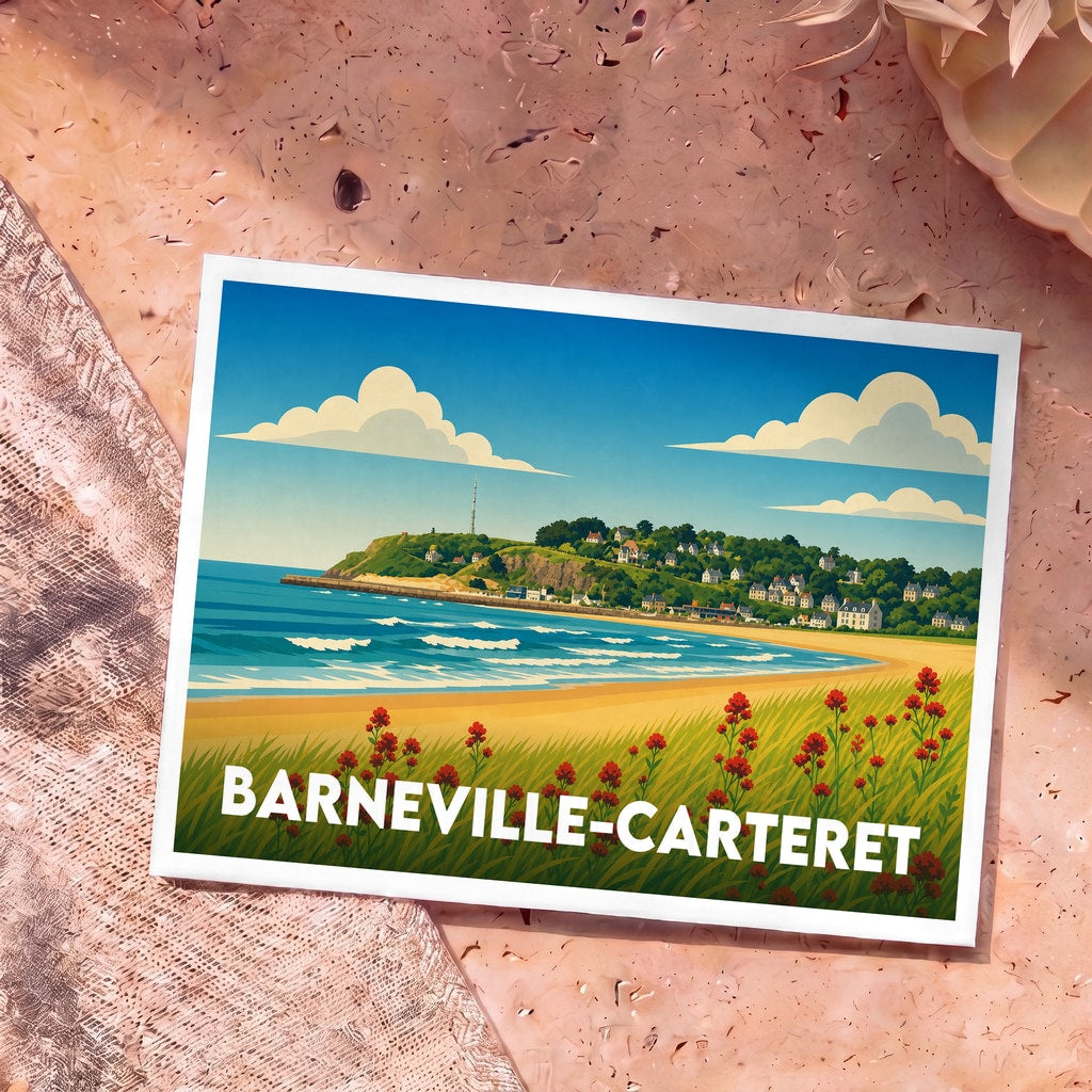 Carte postale souvenir de la ville de Barneville-Carteret avec une illustration stylisée de sa côte et de sa plage.