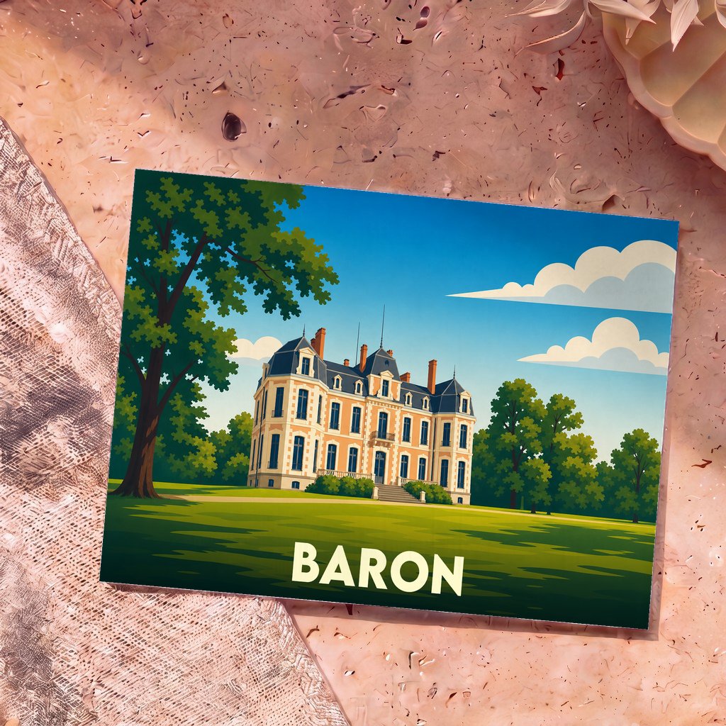 Carte postale souvenir de la ville de Baron illustrée d'un château majestueux dans un style épuré.