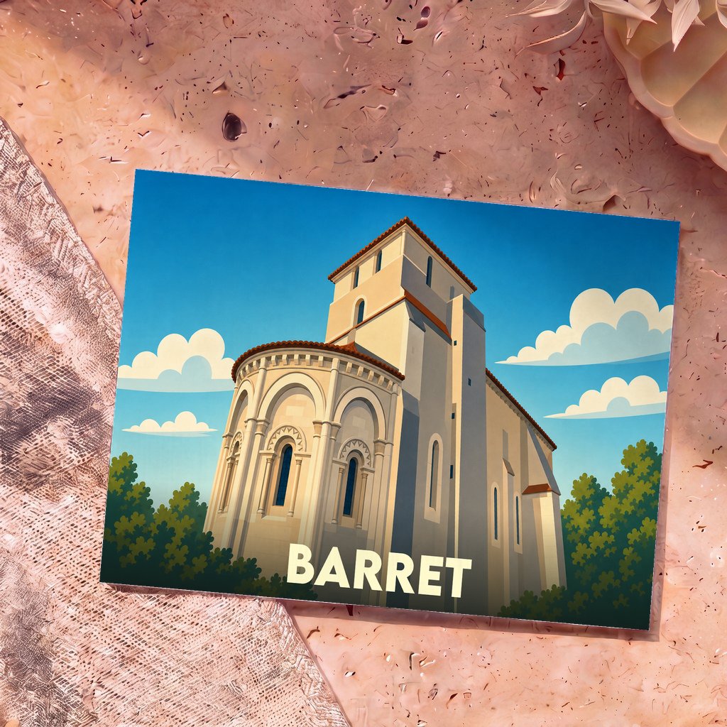 Carte postale souvenir de la ville de Barret avec une illustration stylisée de son église romane.